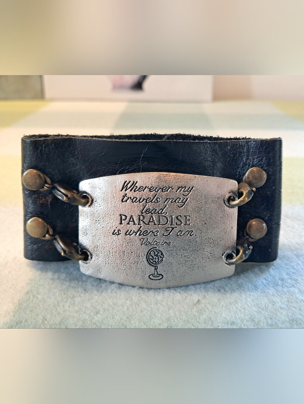 Lenny & Eva Soft Black Leather Cuff Bracelet Voltaire Quote Travel Globe